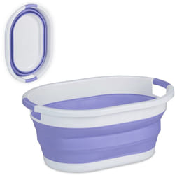 Relaxdays Cesto Portabiancheria Pieghevole, 36 Litri, Contenitore Salvaspazio in Plastica con Impugnature, Viola Bianco