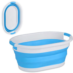 Relaxdays - Cesto Portabiancheria Pieghevole, 36 Litri, Contenitore Salvaspazio in Plastica con Impugnature, Blu Bianco