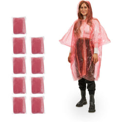 Relaxdays - Poncho Antipioggia, Set da 10, Cappuccio, Mantellina Impermeabile per Adulti, Monouso, unisex, pe, Rosso