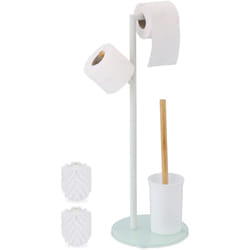 Relaxdays - Porta Carta Igienica da Terra con Scopino wc, Piantana Rotolo e Scopettone Salvaspazio per il Bagno, Bianco