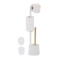 Relaxdays - Piantana Portarotolo e Scopino, Portascopino Bagno, Porta Rotolo Scorta Carta Igienica, 66,5x16x11cm, Bianco