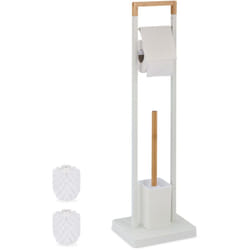 Relaxdays - Piantana Portarotolo e Scopino, Portascopino Bagno, Carta Igienica, Supporto Acciaio e Bambù, Naturale Bianco