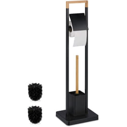 Relaxdays - Piantana Portarotolo e Scopino, Portascopino da Bagno, Carta Igienica, Supporto Acciaio e Bambù, Naturale Nero