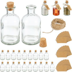Relaxdays - Set 24 Bottigliette in Vetro per Bomboniere, Bottiglie da 125 ml, Barattolini con Tappo, Trasparente Marrone