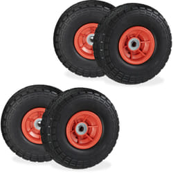 Relaxdays Ruota per Carriola 4.10/3.50-4", Set 4 Gomme Piene Antiforatura, Cerchi in Plastica, Fino a 150 kg, Nero Rosso