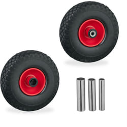 Relaxdays Ruota per Carriola 3.00-4, Set 2 Gomme Piene Antiforatura, Cerchi in Acciaio 3 Adattatori per Asse, Nero Rosso
