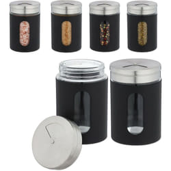 Relaxdays - Barattoli Portaspezie, Set da 6 Vasetti, Coperchio con 3 Aperture Spargi Sale, Vetro, Acciaio, 290 ml, Nero