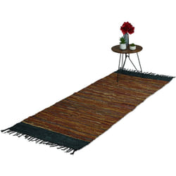 Relaxdays - Tappeto in Cotone e Pelle con Frange, 80 x 200 cm, Passatoia per Salotto, Camera e Camere da Letto, Marrone