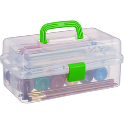 Scatola Trasparente Plastica, 9 Scomparti Per Oggetti, Maniglia e Chiusura a Scatto, 14x33x19,5 cm, Verde - Relaxdays