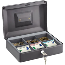 Relaxdays - Cassetta con Serratura, Porta Soldi con Chiave, per Banconote e Monete in Ferro, HxLxP: 9 x 25 x 18 cm, Grigio
