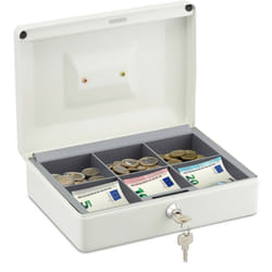 Relaxdays - Cassetta con Serratura, Porta Soldi con Chiave, per Banconote e Monete in Ferro, HxLxP: 9 x 25 x 18 cm, Bianco