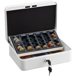 Relaxdays - Cassetta con Serratura, Porta Soldi con Chiave, per Banconote e Conta Monete, in Ferro, 9x25x18 cm, Bianco