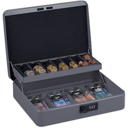 Relaxdays Cassetta con Combinazione Numerica a 3 Cifre, per Banconote, Scomparto per Monete, 8,5x30,5x25 cm, Grigio