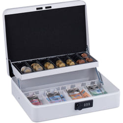 Relaxdays - Cassetta con Combinazione Numerica a 3 Cifre, per Banconote, Scomparto per Monete, 8,5x30,5x25 cm, Bianco
