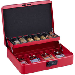 Relaxdays - Cassetta con Combinazione Numerica a 3 Cifre, per Banconote, Scomparto per Monete, 8,5x30,5x25 cm, Rosso