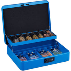 Relaxdays Cassetta con Combinazione Numerica a 3 Cifre, per Banconote, Scomparto per Monete, 8,5x30,5x25 cm, Blu