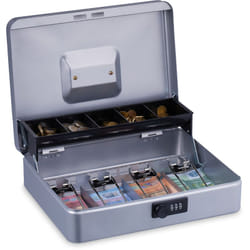 Relaxdays - Cassetta con Combinazione Numerica a 3 Cifre, Porta Soldi con Inserto per Monete e 4 Scomparti, Ferro, Argento