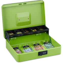 Relaxdays - Cassetta con Combinazione Numerica a 3 Cifre, Porta Soldi con Inserto per Monete e 4 Scomparti, Ferro, Verde