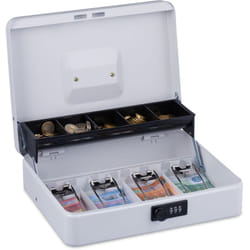 Relaxdays - Cassetta con Combinazione Numerica a 3 Cifre, Porta Soldi con Inserto per Monete e 4 Scomparti, Ferro, Bianco