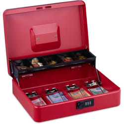 Relaxdays - Cassetta con Combinazione Numerica a 3 Cifre, Porta Soldi con Inserto per Monete e 4 Scomparti, Ferro, Rosso