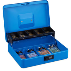 Relaxdays - Cassetta con Combinazione Numerica a 3 Cifre, Porta Soldi con Inserto per Monete e 4 Scomparti, n Ferro, Blu