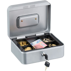 Relaxdays - Cassetta con Serratura, Porta Soldi con Inserto Rimovibile, 5 Scomparti, in Ferro, 8,5 x 20 x 17 cm, Argento