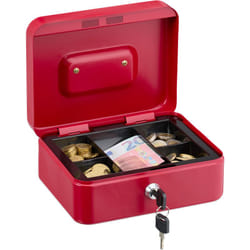 Relaxdays Cassetta con Serratura, Porta Soldi con Inserto Rimovibile, 5 Scomparti, in Ferro, 8,5 x 20 x 17 cm, Rosso