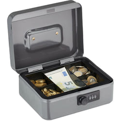 Relaxdays - Cassetta con Combinazione, 3 Cifre, Porta Soldi, Valigetta in Ferro, Portavalori, 8,5x20x17 cm, Grigio