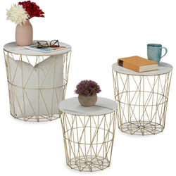 Relaxdays - Set da 3 Tavolini da Salotto, Rotondi, Tavoli da Divano, Metallo, Look Marmo, 3 Misure, Design Cestino, Bianco