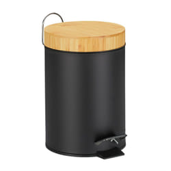 Relaxdays Pattumiera da Bagno con Pedale 3 L, Cestino con Coperchio in Legno Bambù, Secchio Interno Estraibile, Nero