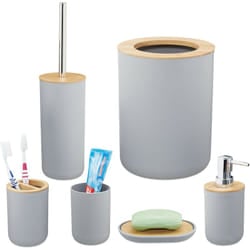Set Bagno Completo, 6 Accessori, in Bambù, Kit wc, Porta-Spazzolino, Dentifricio, Sapone e Saponetta, Grigio - Relaxdays
