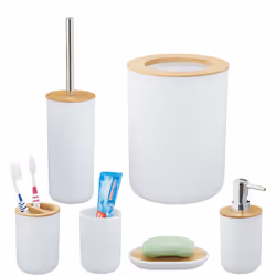 Il set da 6 accessori per il bagno è composto da un bidoncino dei rifiuti, dispenser per il sapone, porta saponetta, porta-de ...