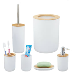 Set Bagno Completo, 6 Accessori, in Bambù, Kit wc, Porta-Spazzolino, Dentifricio, Sapone e Saponetta, Bianco - Relaxdays