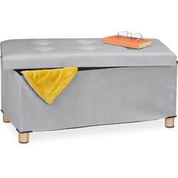 Relaxdays - Pouf con Contenitore Vassoio, HxLxP: 34x76x38 cm, Sgabello Portaoggetti Salvaspazio, Velluto, Grigio Chiaro