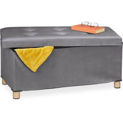 Relaxdays - Pouf con Contenitore Vassoio, HxLxP: 34x76x38 cm, Sgabello Portaoggetti Salvaspazio, Velluto, Grigio Scuro