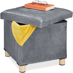 Pouf Contenitore con Vassoio Integrato, Sgabello Poggiapiedi Imbottito Portaoggetti, Multiuso, Grigio Chiaro - Relaxdays
