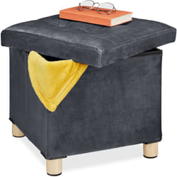 Pouf Contenitore con Vassoio Integrato, Sgabello Poggiapiedi Imbottito Portaoggetti, Multiuso, Grigio Scuro - Relaxdays