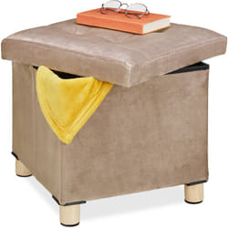 Pouf Contenitore con Vassoio Integrato, Sgabello Poggiapiedi Imbottito Portaoggetti, Arredo Multiuso, Crema - Relaxdays