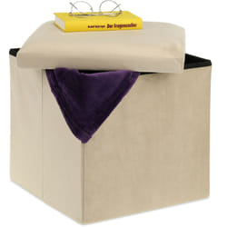 Pouf Contenitore Pieghevole, Sgabello Poggiapiedi Imbottito, HxLxP: 38 x 38 x 38 cm, in mdf e Velluto, Crema - Relaxdays