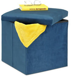 Pouf Contenitore Pieghevole, Sgabello Poggiapiedi Imbottito, HxLxP: 38 x 38 x 38 cm, in mdf e Velluto, Blu - Relaxdays