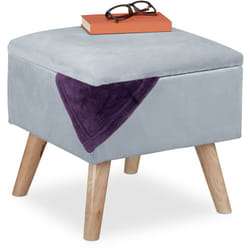 Sgabello Poggiapiedi, Velluto, Gambe in Legno di Eucalipto, Pouf Imbottito, Scomparto, 40x40x40, Grigio Chiaro - Relaxdays