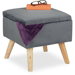 Sgabello Poggiapiedi, Velluto, Gambe in Legno di Eucalipto, Pouf Imbottito, Scomparto, 40x40x40, Grigio Scuro - Relaxdays