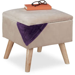Sgabello Poggiapiedi, Velluto, Gambe in Legno di Eucalipto, Pouf Imbottito, Scomparto, hlp 40x40x40 cm, Crema - Relaxdays