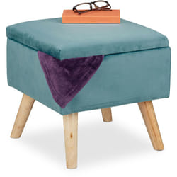 Sgabello Poggiapiedi, Velluto, Gambe in Legno di Eucalipto, Pouf Imbottito, Scomparto, 40x40x40 cm, Turchese - Relaxdays