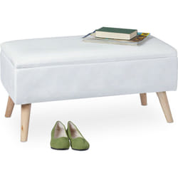 Relaxdays - Panca Contenitore, 40x41x80 cm, 40L, Seduta Imbottita, Gambe in Legno, Pouf Cassapanca, 2 Posti, Bianco
