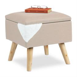 Sgabello con Contenitore, Rivestimento in Lino Sintetico, Gambe in Legno e Coperchio, 40x40x40 cm, Beige - Relaxdays