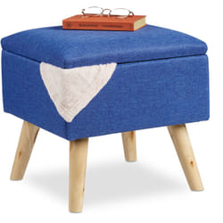 Sgabello con Contenitore, Rivestimento in Lino Sintetico, Gambe in Legno e Coperchio, 40x40x40 cm, Blu - Relaxdays