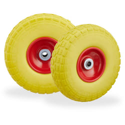 Relaxdays 2x Ruote per Carrello, Pneumatici in Gomma Antipanne 4.1/3.5-4" Asse 16mm fino a 150 kg,260x85mm, giallo rosso