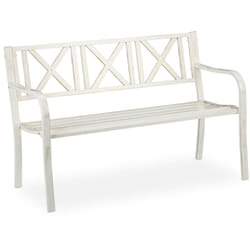 Panchina da Giardino, 2 Posti, da Esterno, Terrazzo Balcone Acciaio Robusto, 80,5 x 127 x 63 cm, Bianco Bronzo - Relaxdays