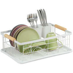 Relaxdays - Scolapiatti da Appoggio per Lavello, Portaposate & Vaschetta Raccogli Acqua, Gocciolatoio per Cucina, Bianco